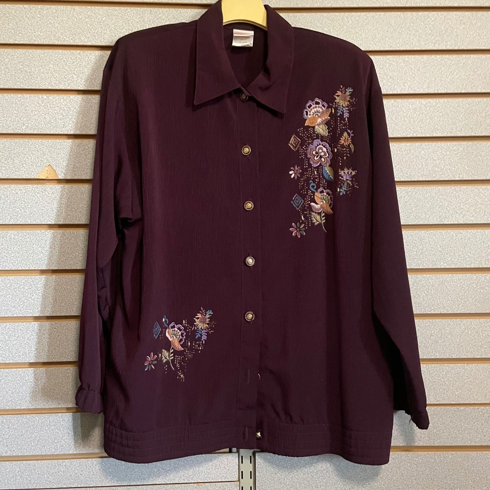 GW Division of Graff Painted Floral Button Down Blouse Long Sleeve‎ Plum M